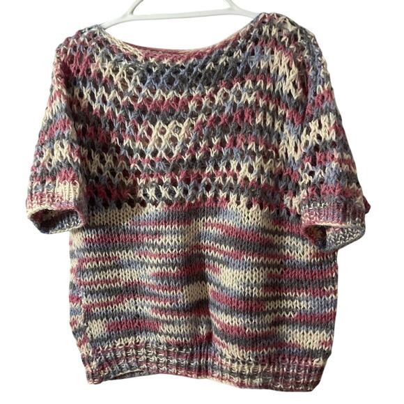 90’s Women’s Hand Knitted / Crocheted SS Sweater Chunky Knit Medium Crop - Picture 6 of 6